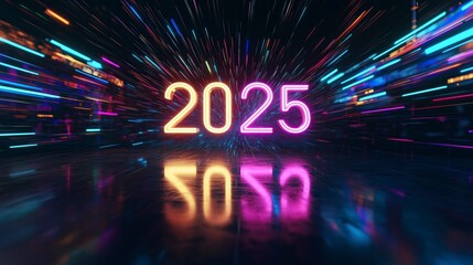 Poster - A vibrant digital representation of the year 2025 with colorful neon lights and reflections.