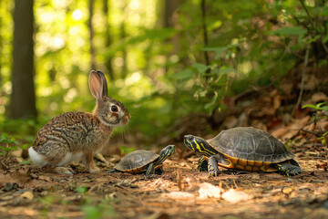 A Treasure of Nature: A Wild Rabbit Interacts with Turtles in the Enchanting Depths of a Sunlit Forest Landscape