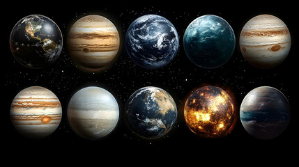 Wall Mural - ten planets of different colors, sizes, and textures against a starry black background.