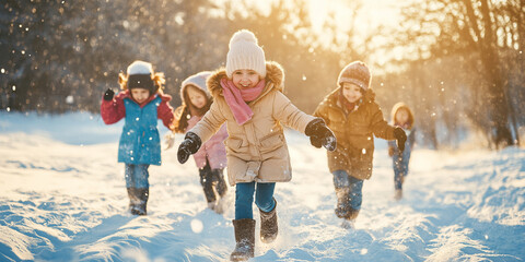 a group of children are playing in the snow, with one of them wearing a pink scarf. the scene is liv