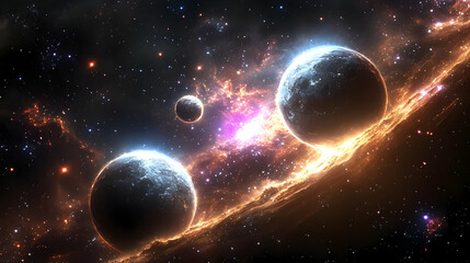 Wall Mural - three planets in a cosmic dance with a bright nebula and scattered stars.