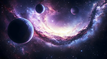 Wall Mural - three planets orbit a swirling galaxy in a cosmic dance of light and shadow.