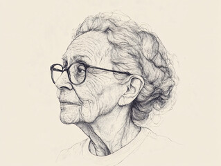 Wall Mural - risograph print texture, old woman, whimsical and charming, line drawing, minimalist