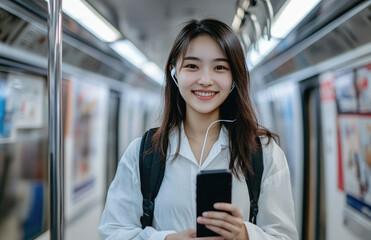 Wall Mural - An Asian woman in her late thirties is smiling and holding up a well-worn phone while standing on the subway