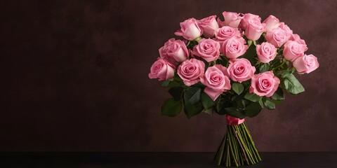 Wall Mural - A bouquet of pink roses is displayed on a black background. The roses are arranged in a way that they are all facing the same direction, creating a sense of unity and harmony