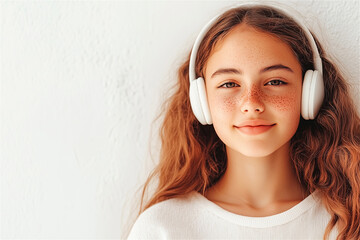 Portrait of a cheerful hispanic girl with freckles and curly hair wearing headphones studying online or listening music podcast isolated on white background . Copy space. Distance learning concept