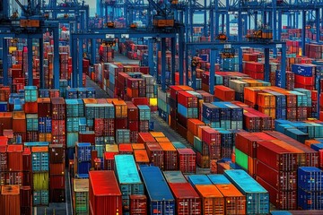 Containers at a port terminal, with a yellow container in the foreground.