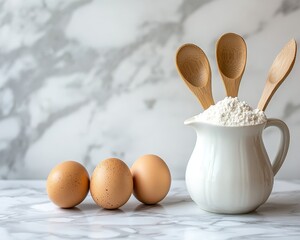 Wall Mural - Baking Essentials A white pitcher filled with flour wooden spoons and three eggs on a marble countertop