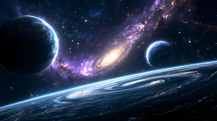 Wall Mural - two planets and a spiral galaxy in the vast expanse of space.