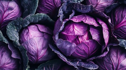 Wall Mural - Close-up shot of fresh red cabbage heads.