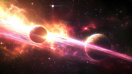 Wall Mural - two planets in a cosmic dance with a bright, glowing ring around one, and a blazing nebula behind th