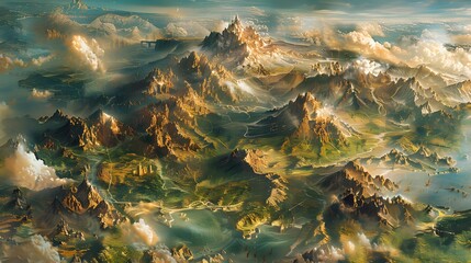 Canvas Print - Fantasy Mountain Landscape with Clouds and Sunbeams.