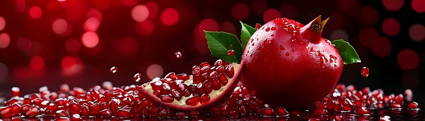 Juicy Pomegranate Fruit with Seeds and Red Bokeh Background