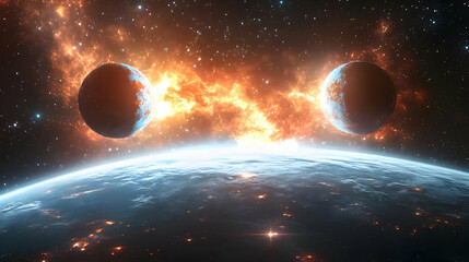 Wall Mural - two planets in a fiery collision, seen from a third planet.