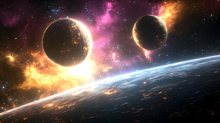 Wall Mural - two planets in a nebula with a view of another planet's surface.