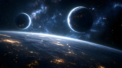 Wall Mural - two planets in a starry sky with a view of a planet's surface.