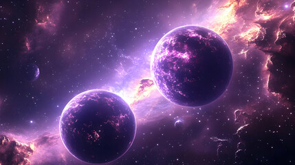 Wall Mural - two purple planets in a nebula with stars and glowing light.