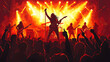 © SJarkCube - A vector illustration of metal rock singer, music band , concert, rocker,Rock band electrifying concert stage with music, lights, and energetic performance, featuring a deep gold red color palette