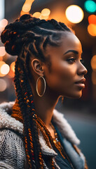 Wall Mural - A profile portrait of a beautiful black woman with long braided hair, showcasing her elegant features and glowing skin. The background is blurred.