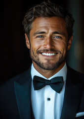 young attractive handsome smiling man in tuxedo with bow tie on black background, rich person, guy portrait, evening outfit, festive wear, model, male, signor, dandy, tailcoat, jacket, fashion, style