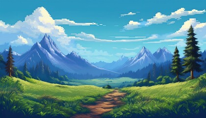 Wall Mural - Pixelated Mountain Range - A pixel art landscape design of a distant mountain range, with jagged peaks rising against the clouds. Game design poster. Graphic art 8 bit illustration poster
