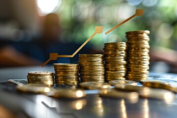 Poster - A stack of gold coins is shown with a line going up