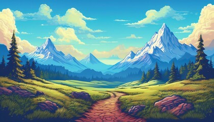 Wall Mural - Pixelated Mountain Range - A pixel art landscape design of a distant mountain range, with jagged peaks rising against the clouds. Game design poster. Graphic art 8 bit illustration banner