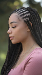 Wall Mural - A profile portrait of a beautiful black woman with long braided hair, showcasing her elegant features and glowing skin. The background is blurred.