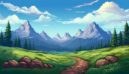 Wall Mural - Pixelated Mountain Range - A pixel art landscape design of a distant mountain range, with jagged peaks rising against the clouds. Game design poster. Graphic art 8 bit illustration. Ai Generated