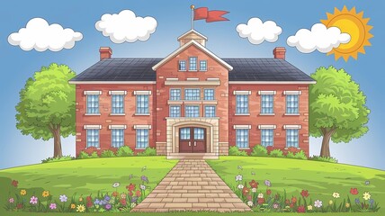  A cartoon illustration of a brick school building with a stone path leading the entrance. The building has a large lawn with green grass and colorful flowers.