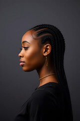 Wall Mural - A profile portrait of a beautiful black woman with long braided hair, showcasing her elegant features and glowing skin. The background is blurred.