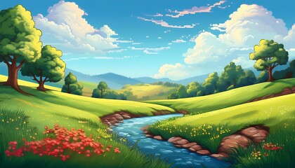 Wall Mural - Pixelated Sunny Meadow - A pixelated landscape featuring a bright, sunny meadow with rolling green hills. Game design poster. Graphic art 8 bit illustration. Ai Generated