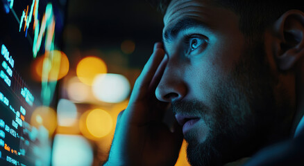 A man is looking at the stock market on his computer screen, with one hand touching his face in despair as he watches the shares fall down.