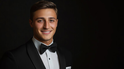 young attractive handsome smiling man in tuxedo with bow tie on black background, rich person, guy portrait, evening outfit, festive wear, model, male, signor, dandy, tailcoat, jacket, fashion, style