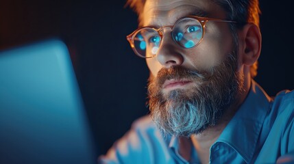 Focused businessman working on his laptop in the evening.