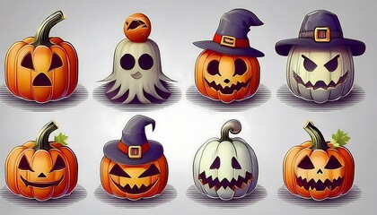 Wall Mural - Pixelated Spooky Halloween Pumpkins Icons Set - collection of 8-bit pixel art spooky Halloween pumpkin faces. Game design assets. Graphic art 8 bit illustration isolated