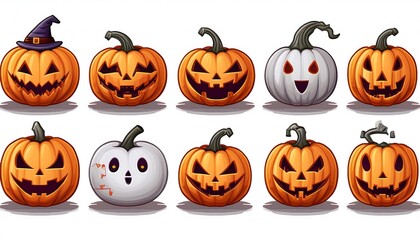 Wall Mural - Pixelated Spooky Halloween Pumpkins Icons Set - collection of 8-bit pixel art spooky Halloween pumpkin faces. Game design assets. Graphic art 8 bit illustration isolated symbols
