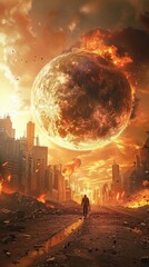 Wall Mural - An apocalyptic city scene: burning buildings, rubble, red sky, a fiery planet, and no signs of life. Desolation and destruction are evident.