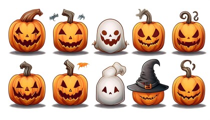 Wall Mural - Pixelated Spooky Halloween Pumpkins Icons Set - collection of 8-bit pixel art spooky Halloween pumpkin faces. Game design assets. Graphic art 8 bit illustration isolated elements