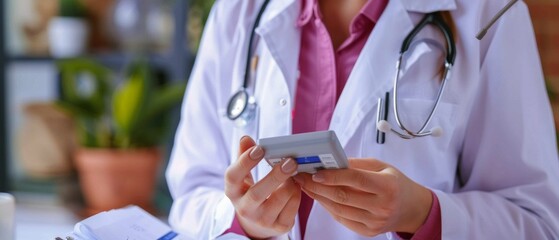 A female doctor in a medical setting, dressed in white coat, pink shirt, with stethoscope, holds glucose meter, likely monitoring diabetes.