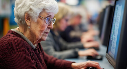 Wall Mural - Elderly individuals in an educational setting, learning computer skills to stay on top of technological changes and create new vistas for their lives