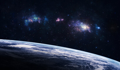 Wall Mural - Space background. Planet with colorful fractal nebula and starfield. Elements furnished by NASA. 3D rendering