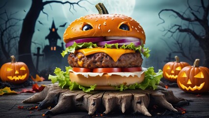 Festive Halloween cheese hamburger featuring pumpkins and spooky background