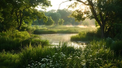 Canvas Print - A serene greenbelt sanctuary illuminated by soft light at daybreak