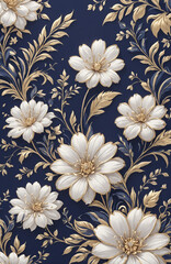 vintage royal navy blue with elegant white and gold flowers pattern