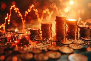 Poster - A pile of gold coins on a table with a graph in the background