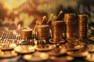 Canvas Print - A stack of gold coins with a line going up in the middle