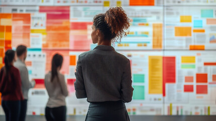 A woman stands in front of a wall of colorful charts and graphs