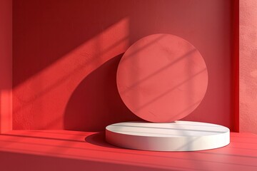 Sticker - A white and red sculpture of a round pedestal with a shadow on the wall