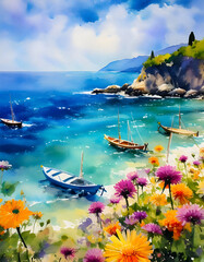 vibrant watercolor painting, impressionism style and beautiful sea of nature